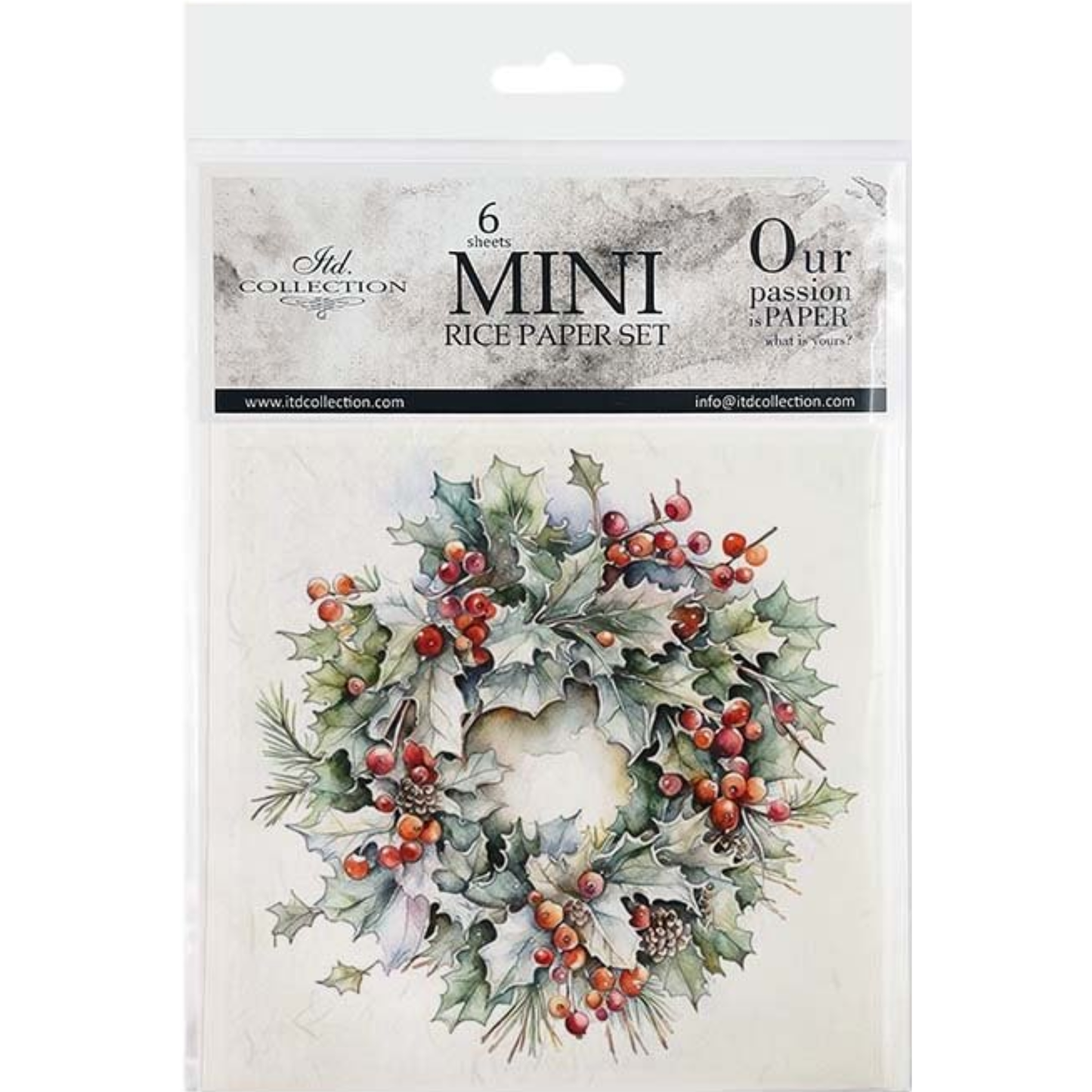 Front cover packaging of mini rice paper set with a Christmas wreath design on a white background