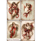 A set of four vintage-style Christmas angel art prints arranged in a grid. Each print shows an angel with wings holding a red ribbon and bow, on aged parchment-like backgrounds.