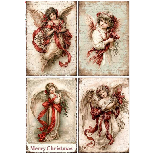 A set of four vintage-style Christmas angel art prints arranged in a grid. Each print shows an angel with wings holding a red ribbon and bow, on aged parchment-like backgrounds.
