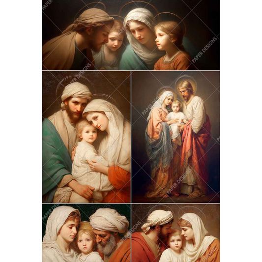 Collage of religious paintings featuring holy family scenes with Mary, Joseph, and Baby Jesus.