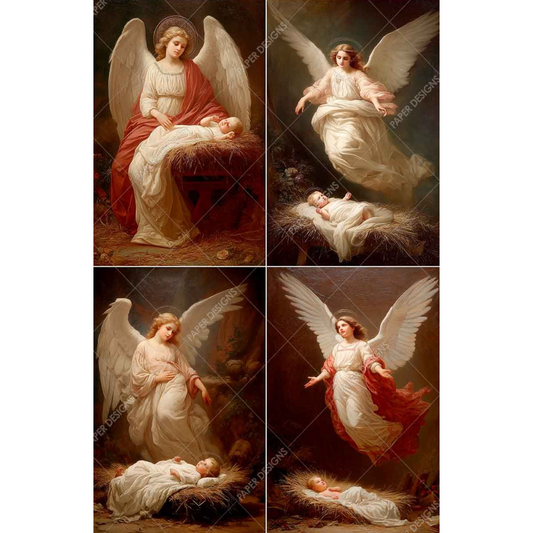 Collage of four images featuring an angel with a baby in a manger.
