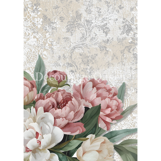 "Peonies & Lace" decoupage rice paper designed by Dainty & the Queen for Decoupage Queen. Available at Milton's Daughter.