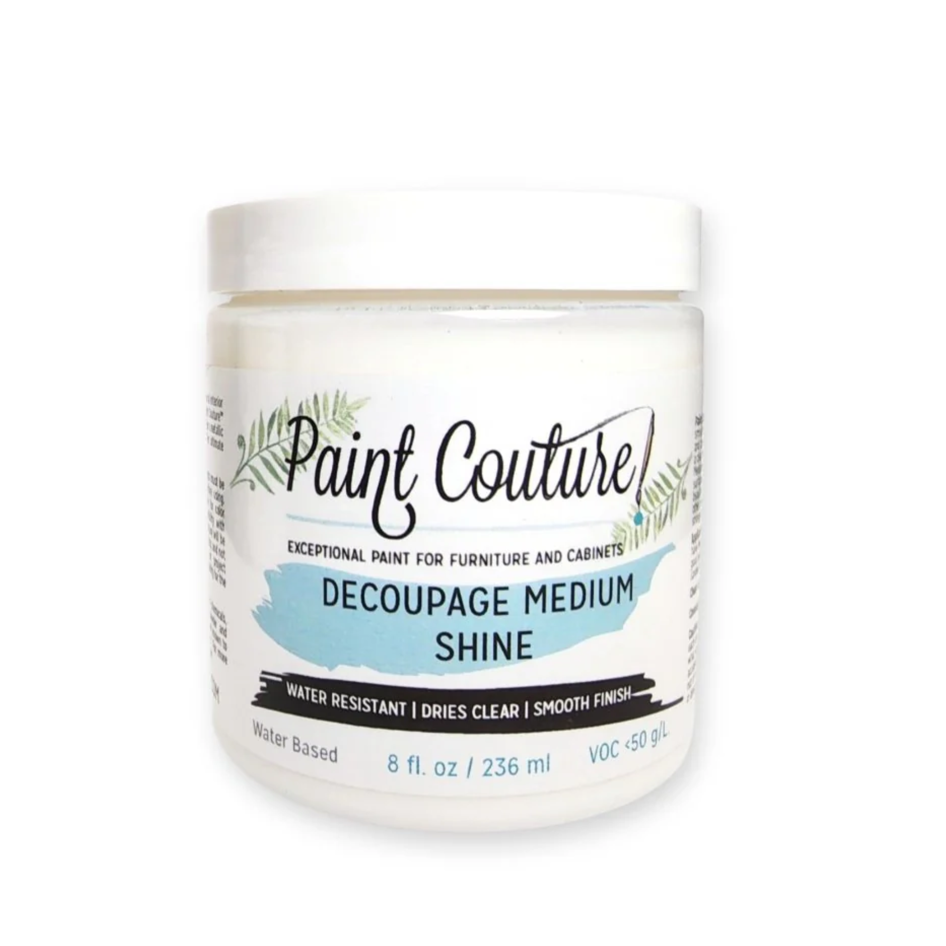 Jar of Paint Couture Decoupage Medium Shine on a white background.