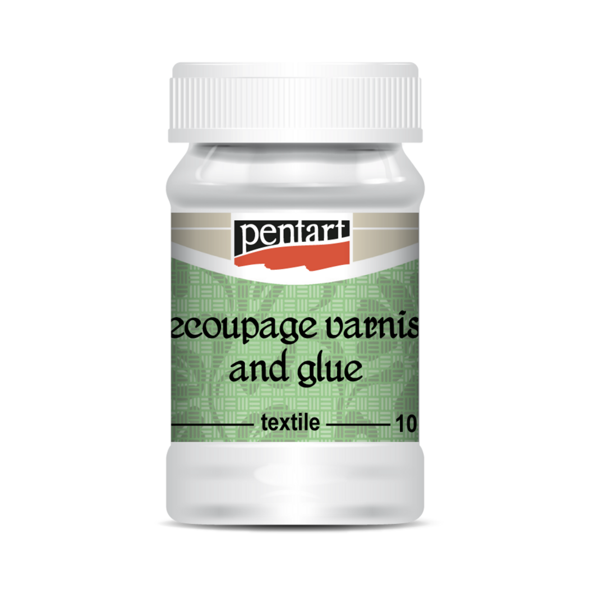 "Decoupage Varnish and Glue-Textile" by Pentart. Use for decoupaging onto fabric and leather. Available at Milton's Daughter.