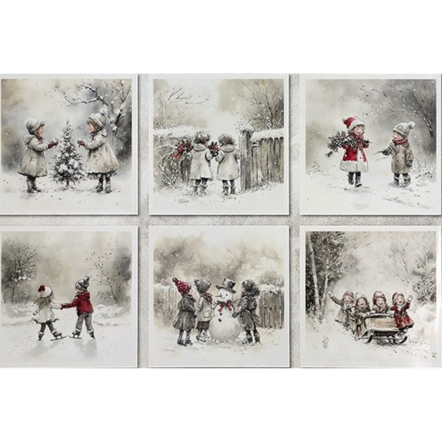 Set of six Christmas images featuring children playing in the snow.