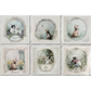Set of six images with illustrations of cats in decorative frames on a white background.