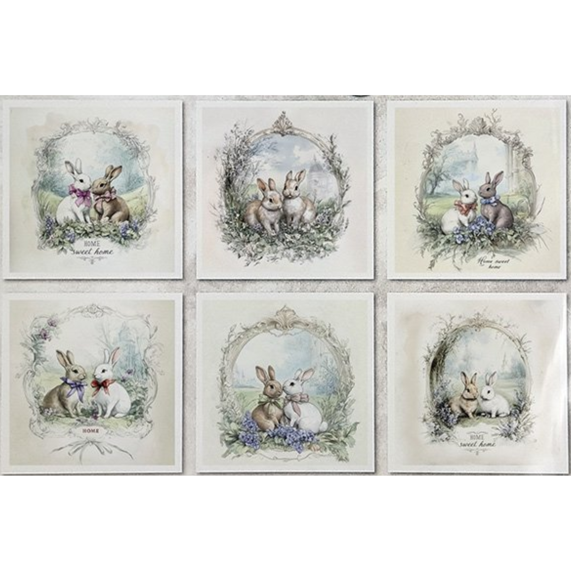 Set of six framed illustrations of rabbits in various poses on a white background.