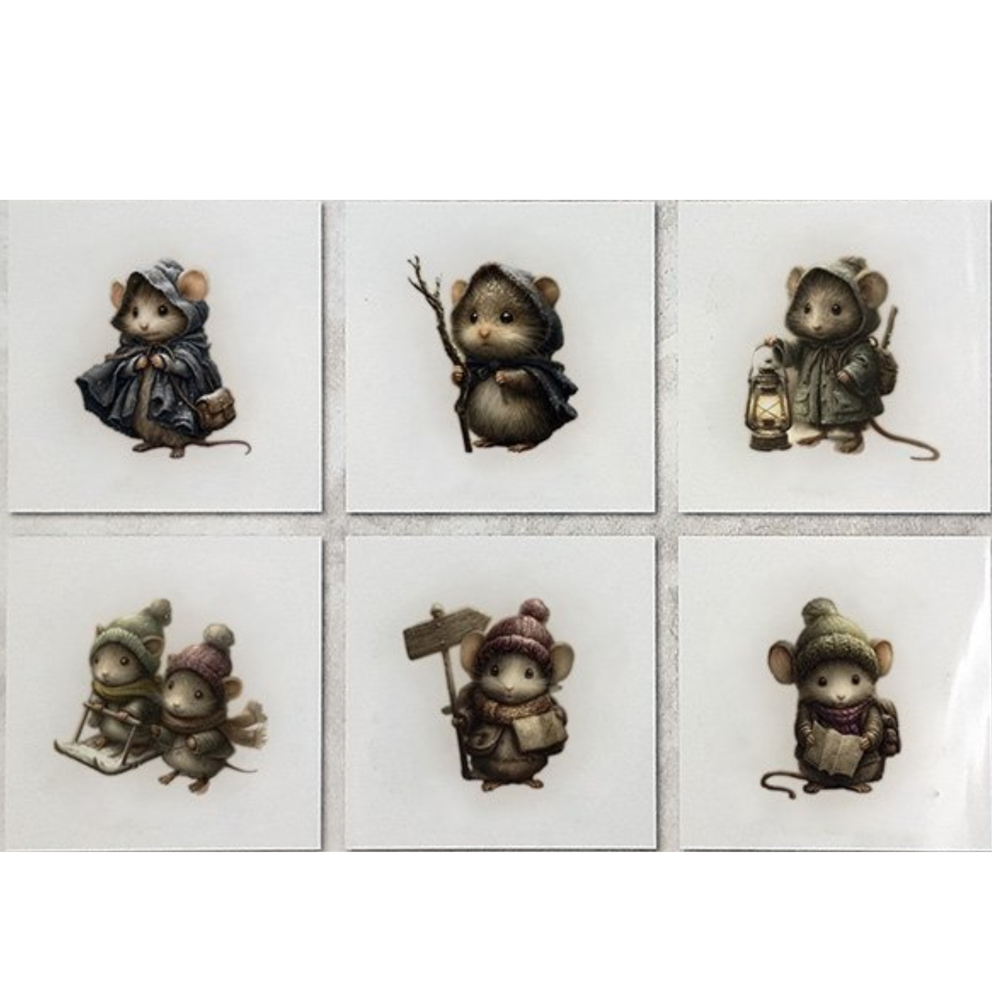 Six illustrations of mice in winter clothing in various poses on a snowy background.
