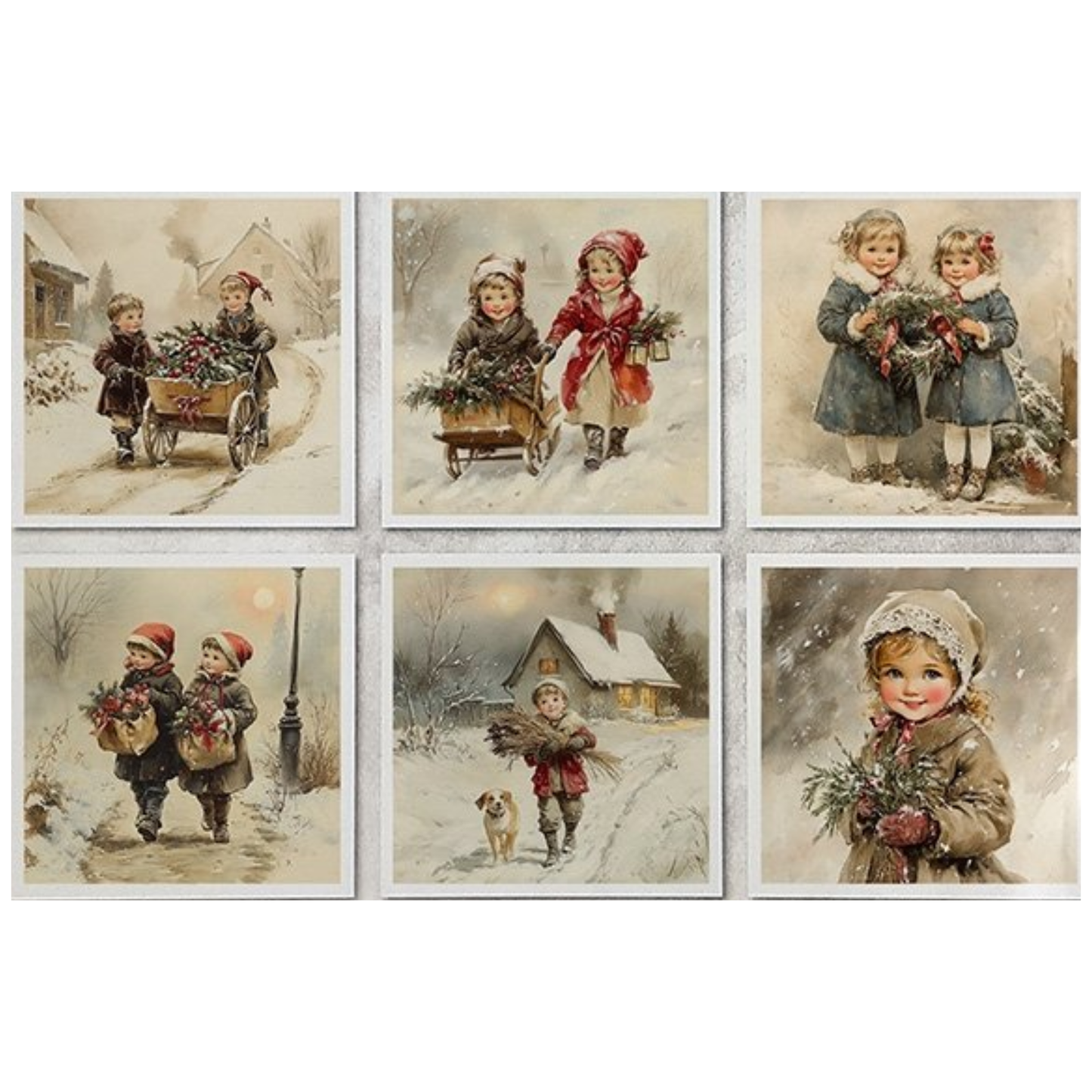 Set of six vintage-style Christmas images featuring children in winter scenes.