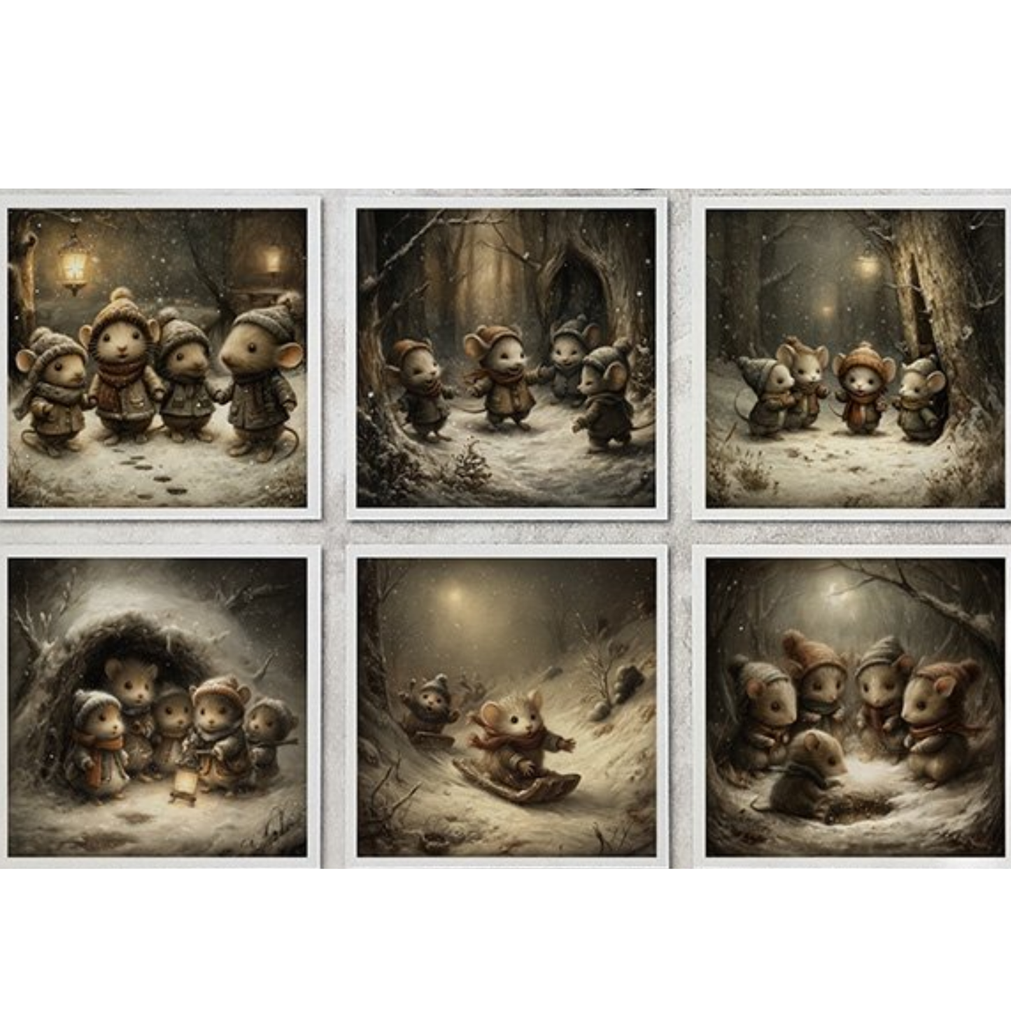 Six illustrations of mice in vintage winter clothing in snowy forest scenes. 