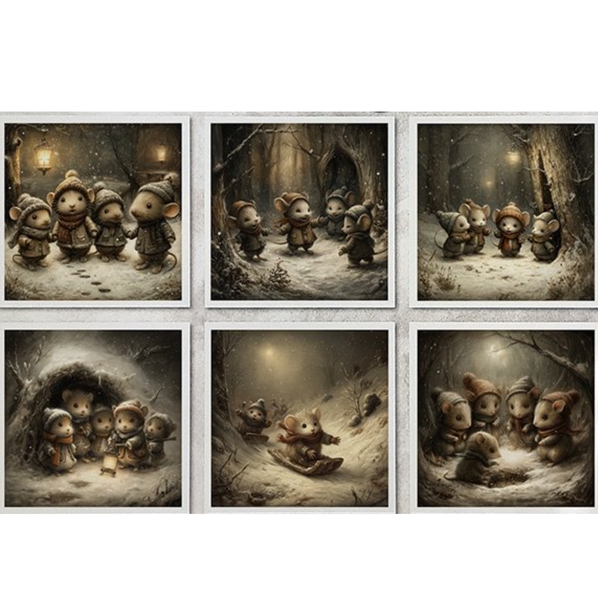 Six illustrations of mice in vintage winter clothing in snowy forest scenes. 
