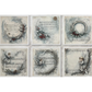 Set of six decorative images with artistic designs featuring music notes, wreaths, and angels on a white background.