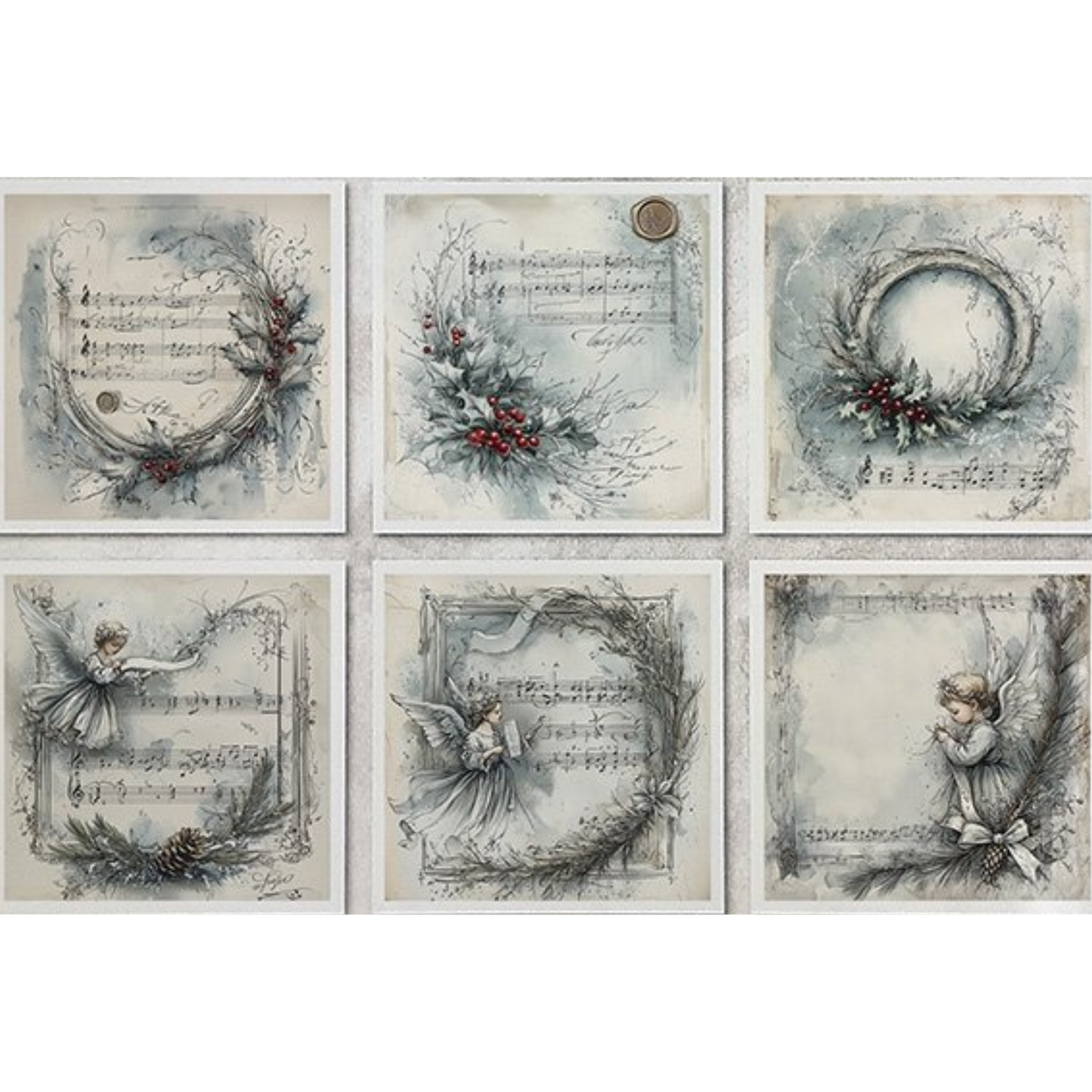Set of six decorative images with artistic designs featuring music notes, wreaths, and angels on a white background.