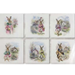 Set of six vintage-style images featuring illustrated rabbits in different outfits with small houses and landscapes.