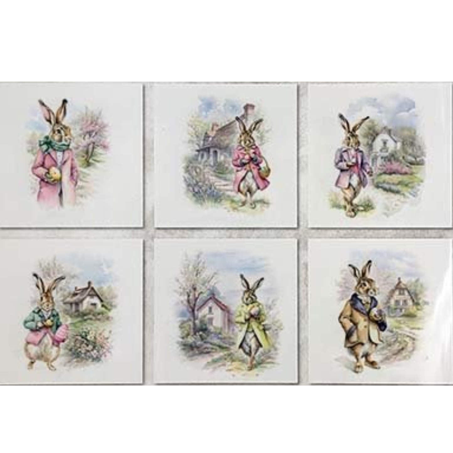 Set of six vintage-style images featuring illustrated rabbits in different outfits with small houses and landscapes.