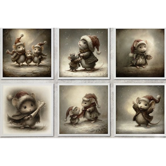 Six images of mice with Santa hats in a variety of poses.