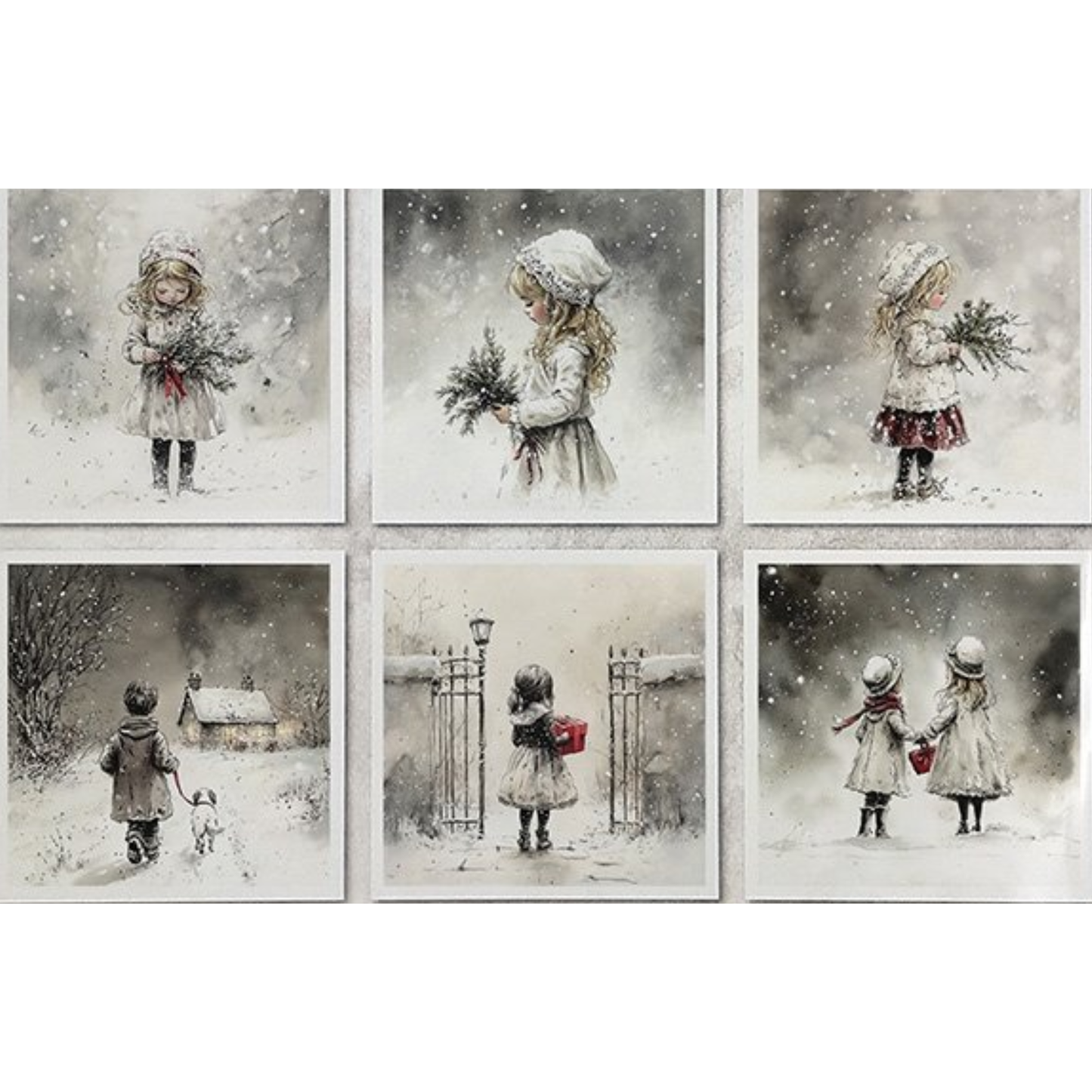 Set of six winter-themed images featuring children in snowy scenes.