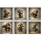 Six image detail of mice wearing santa hats in a variety of poses on a snowy background.