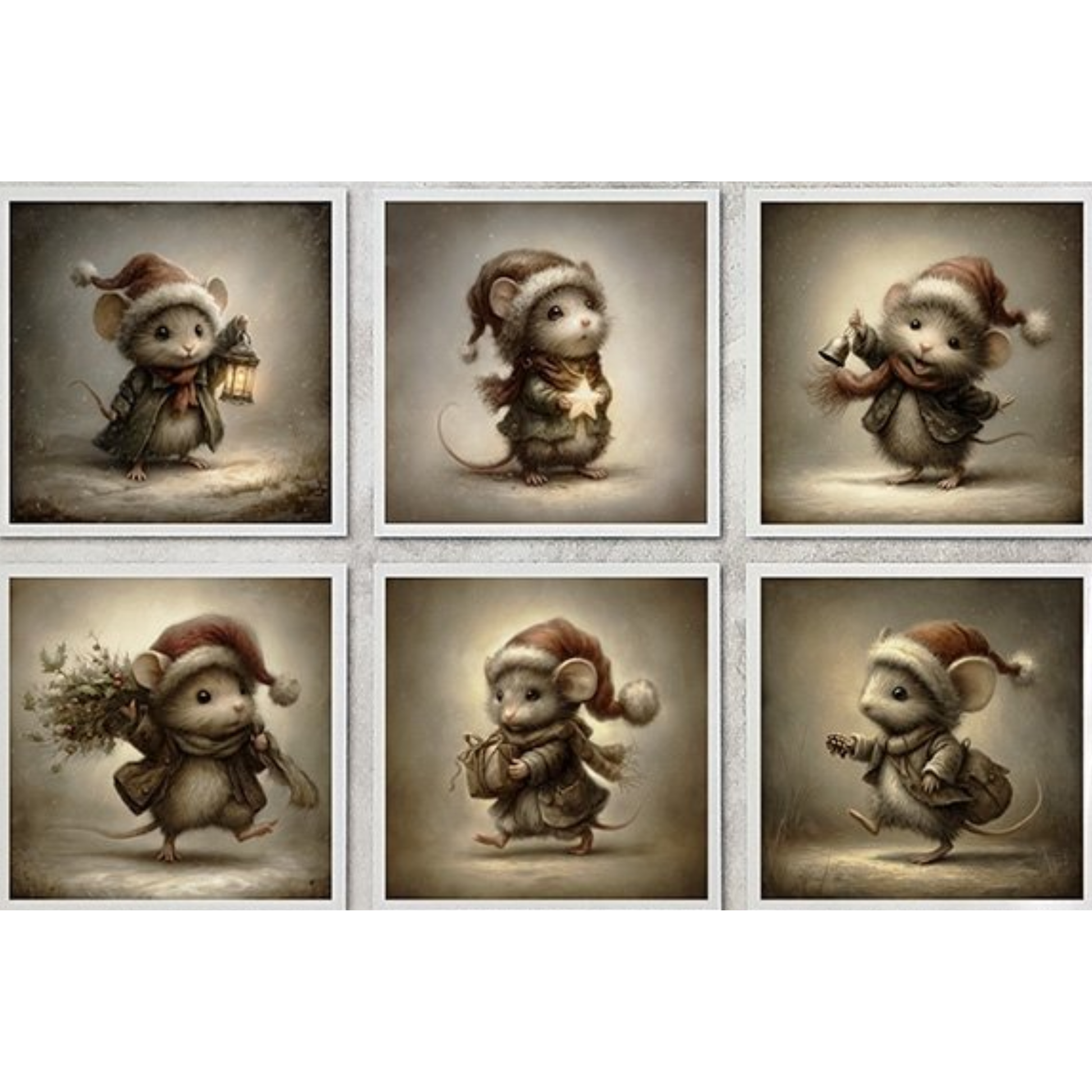 Six image detail of mice wearing santa hats in a variety of poses on a snowy background.