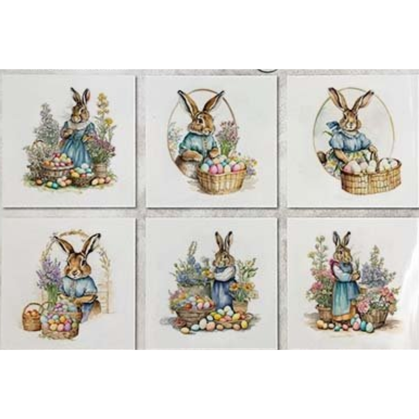 Set of six images featuring illustrations of bunnies with Easter baskets and eggs.