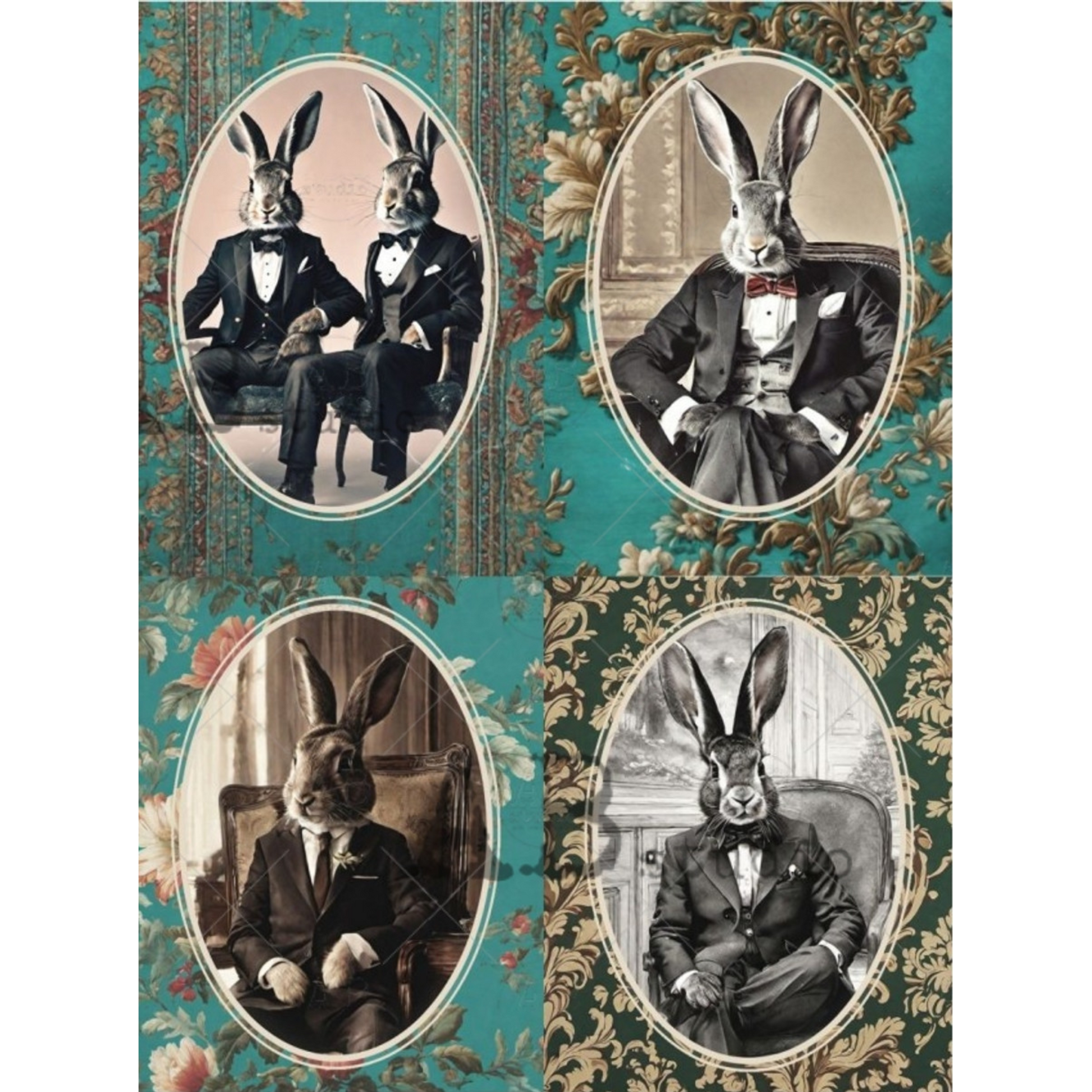 "Distinguished Bunny Portraits" decoupage rice paper by AB Studio. Available at Milton's Daughter.