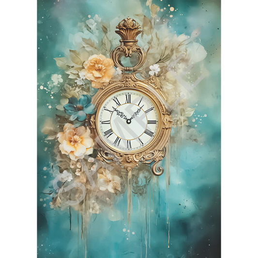 "Dreamscape Timepiece" decoupage rice paper by Calambour. Available at Milton's Daughter.