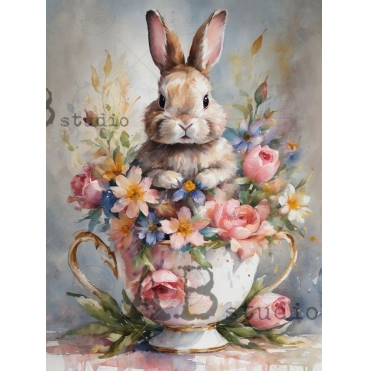 "Easter Bunny In A Teacup With Mixed Spring Florals" decoupage rice paper by AB Studio. Available at Milton's Daughter.