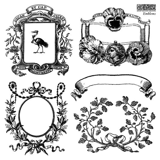 Emblems IOD Stamp pg 1 of 4. Collection of decorative elements including a coat of arms, floral designs, and ribbons.