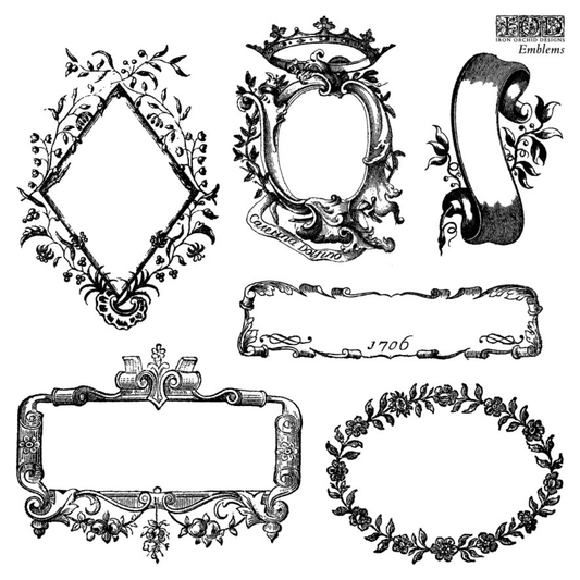 Emblems IOD Stamp pg 2 of 4. Set of decorative emblems and frames with intricate designs.