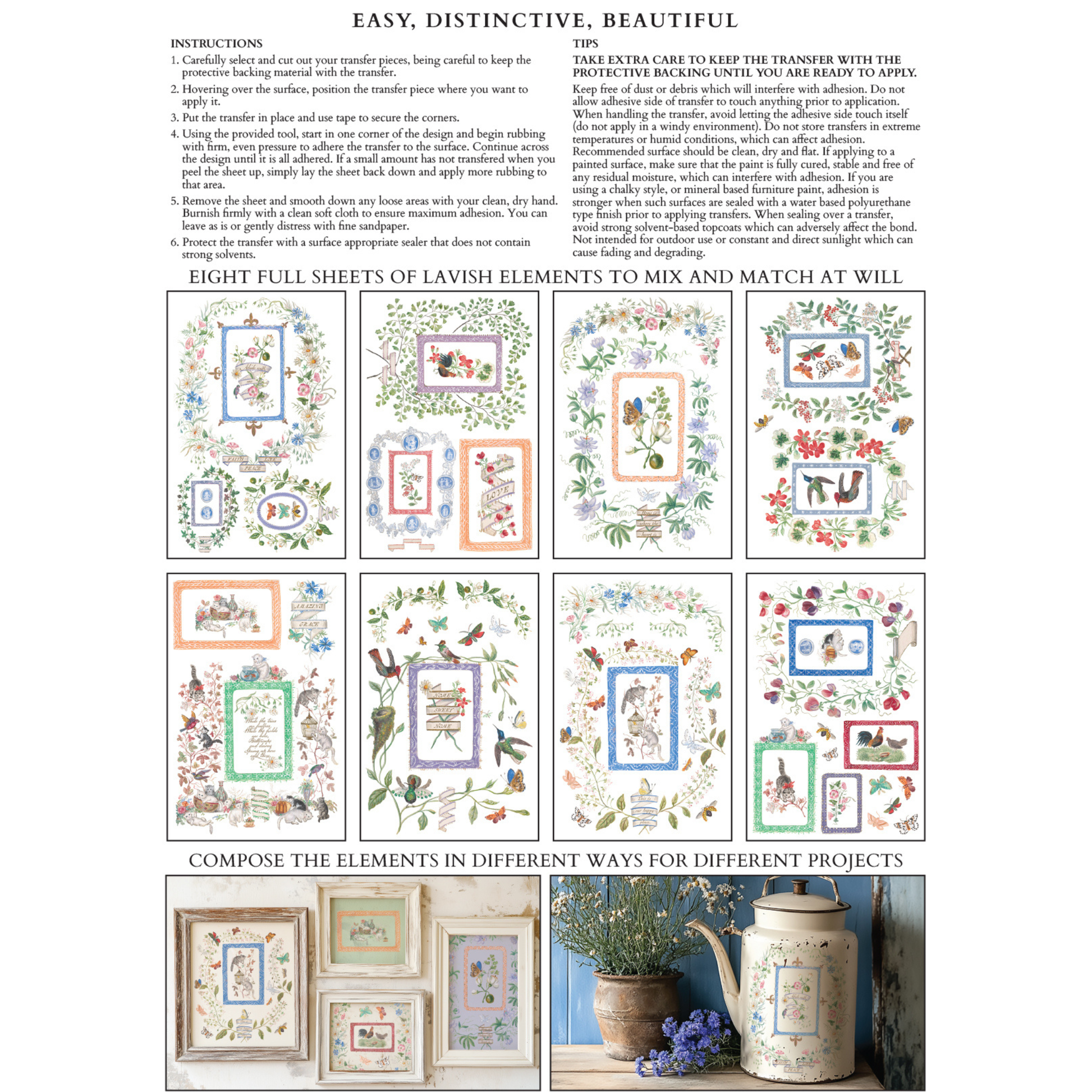 IOD Transfer Emily Clare back cover. EIght floral designs with instructional text and decorative example images.
