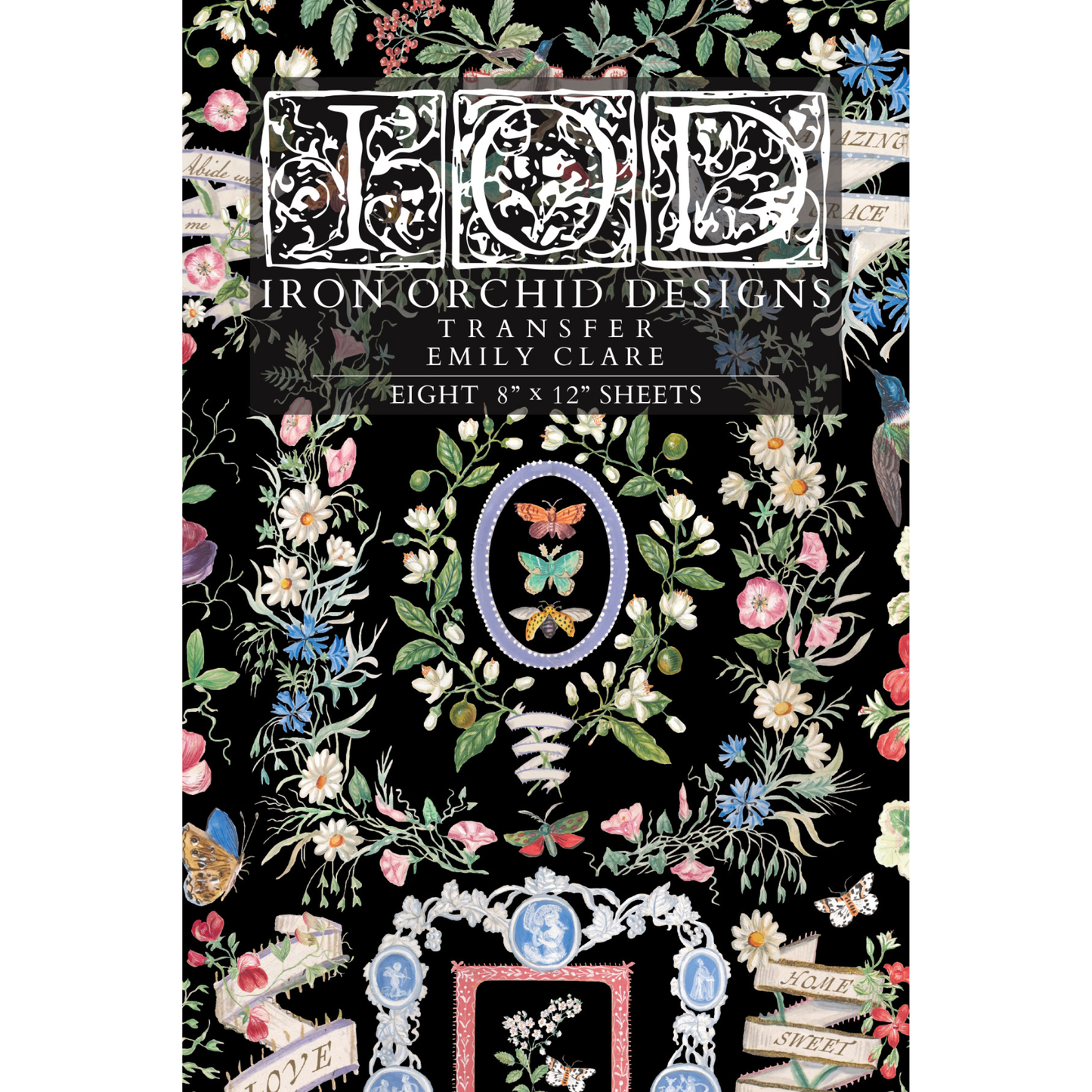 Iron Orchid Designs transfer front cover Emily Clare packaging with floral and butterfly designs on a black background