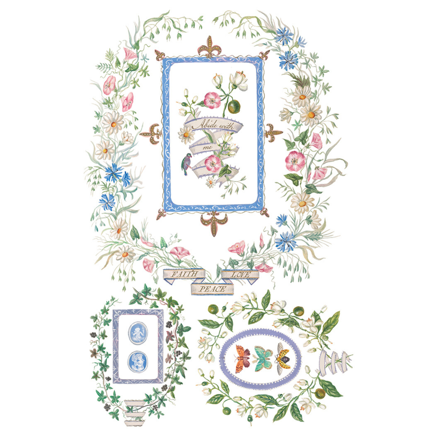 Decorative design with floral elements and vintage-style frames on a white background