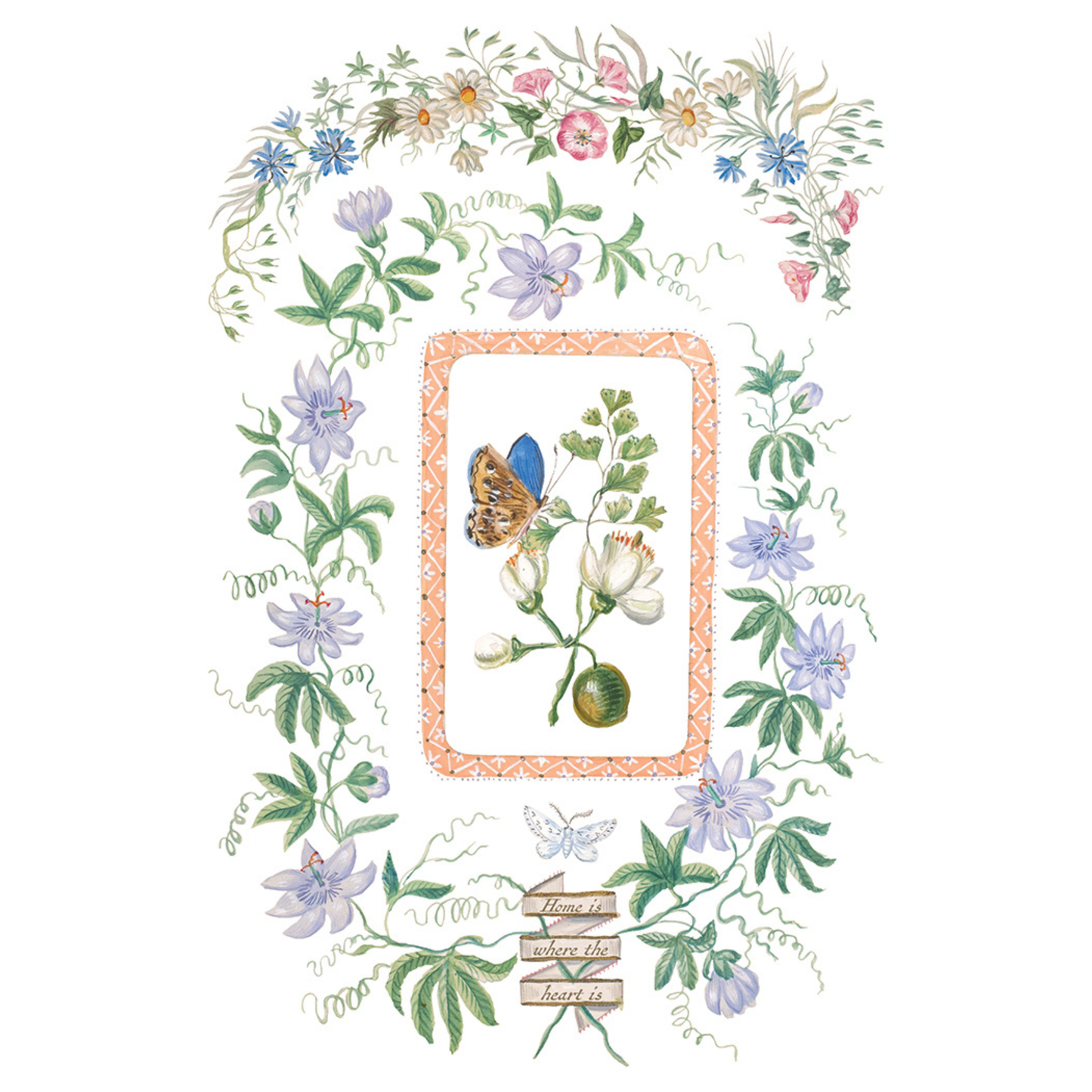 Decorative design with flowers, butterflies, and a frame on a white background