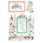 Decorative framed illustrations of animals, flowers, and text on a white background