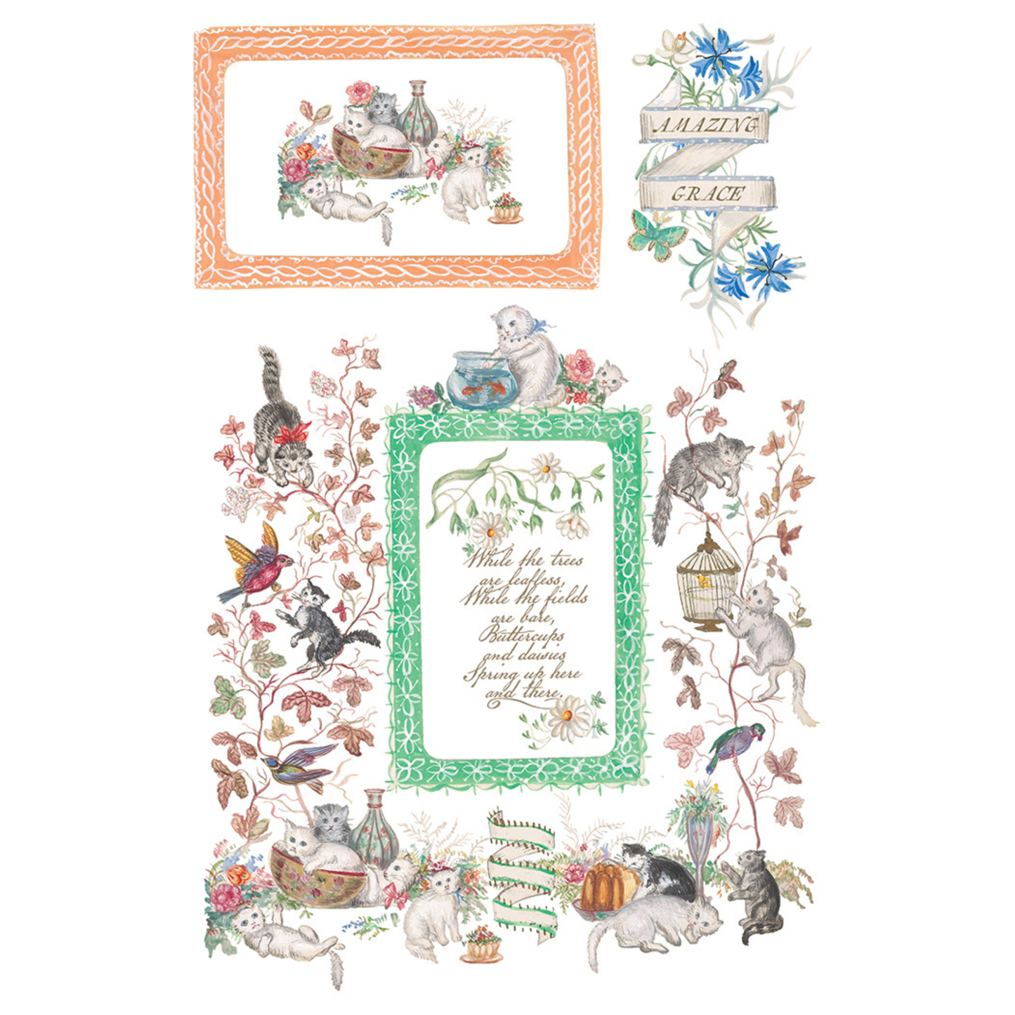 Decorative framed illustrations of animals, flowers, and text on a white background