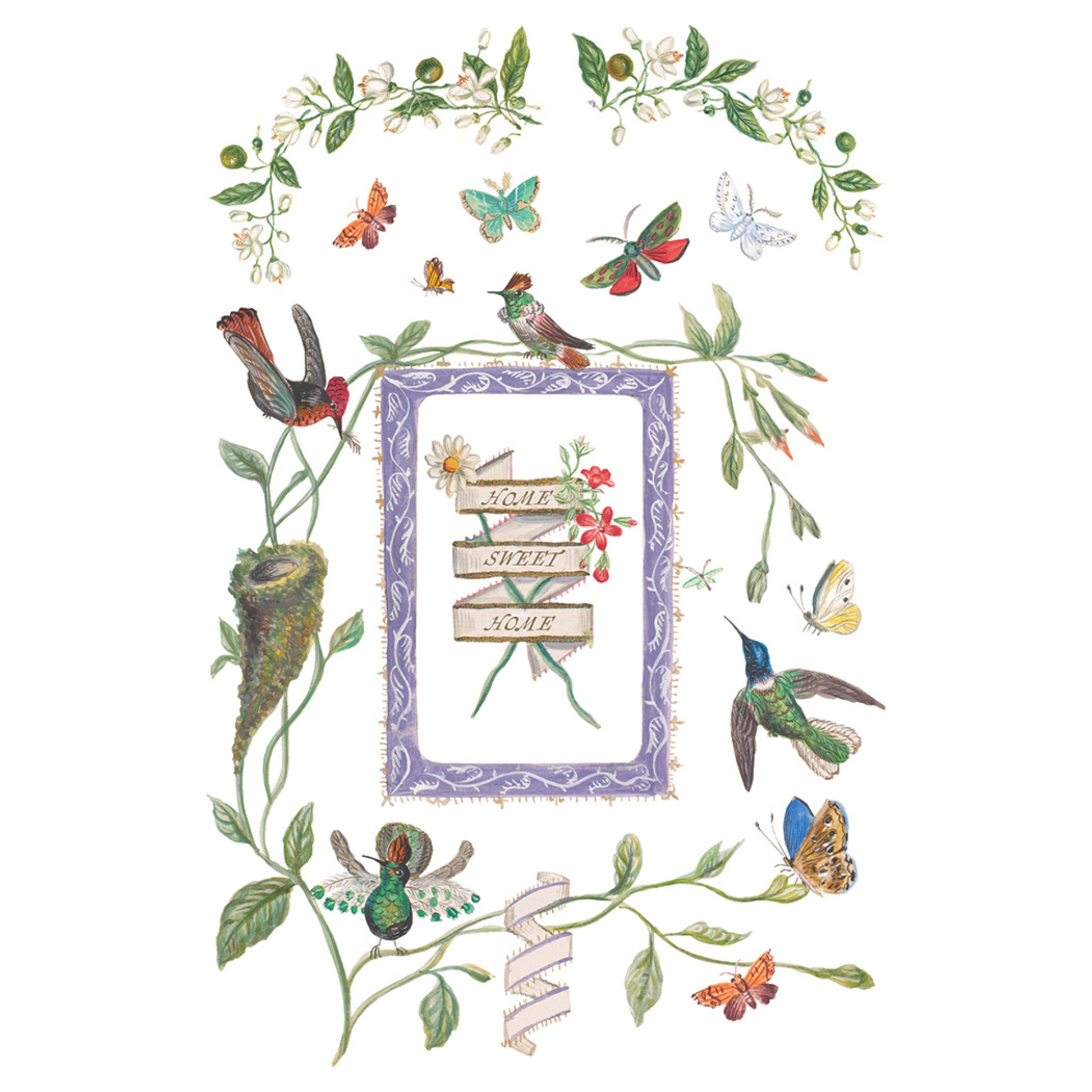 Decorative design with birds, flowers, and a purple frame on a white background