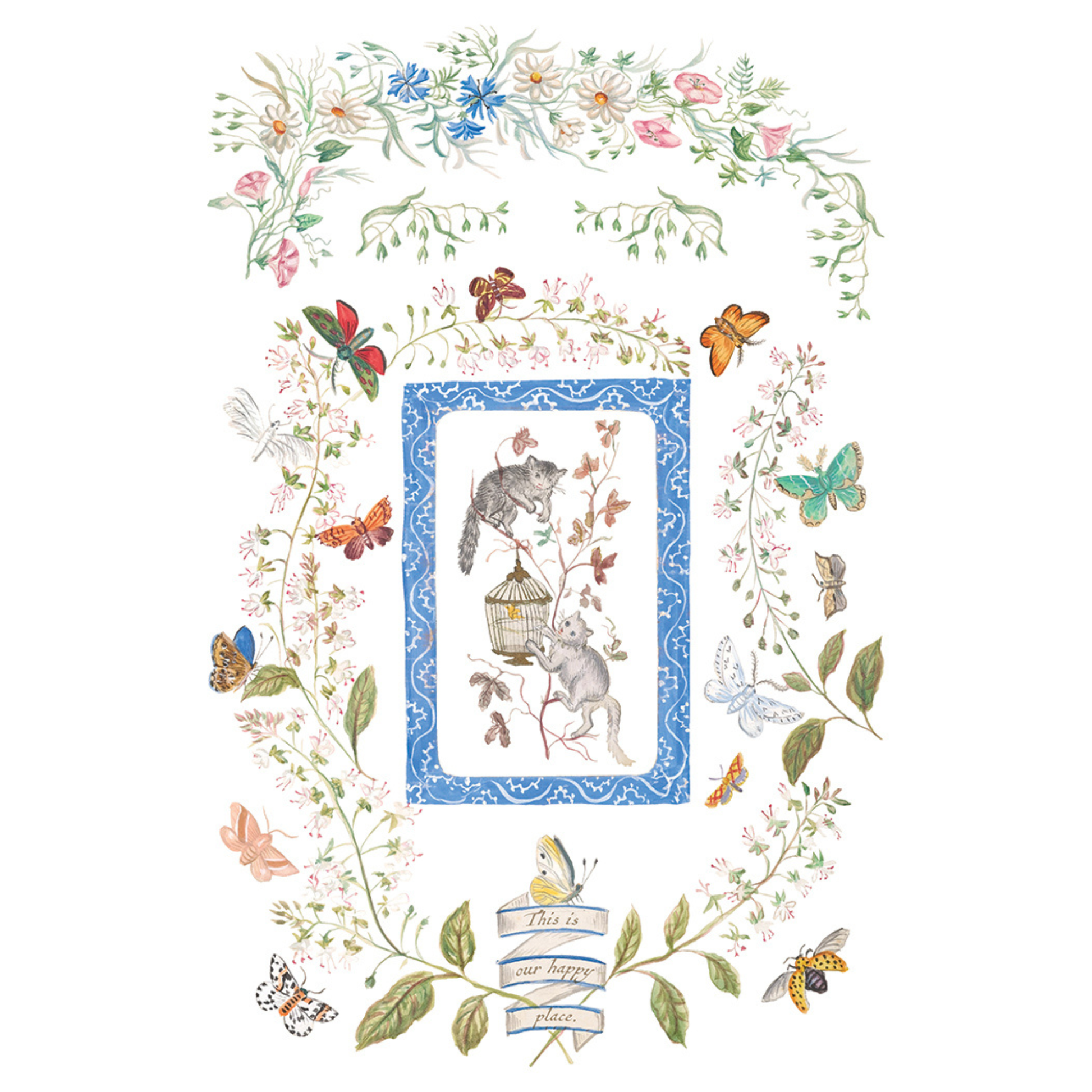Decorative border with cats, flowers, and text on a white background