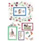 Set of decorative stickers with cats, roosters, flowers, and frames on a white background