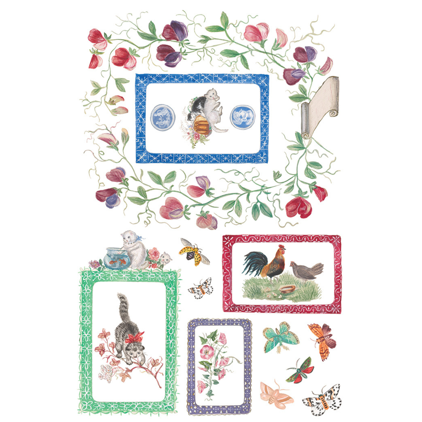 Set of decorative stickers with cats, roosters, flowers, and frames on a white background