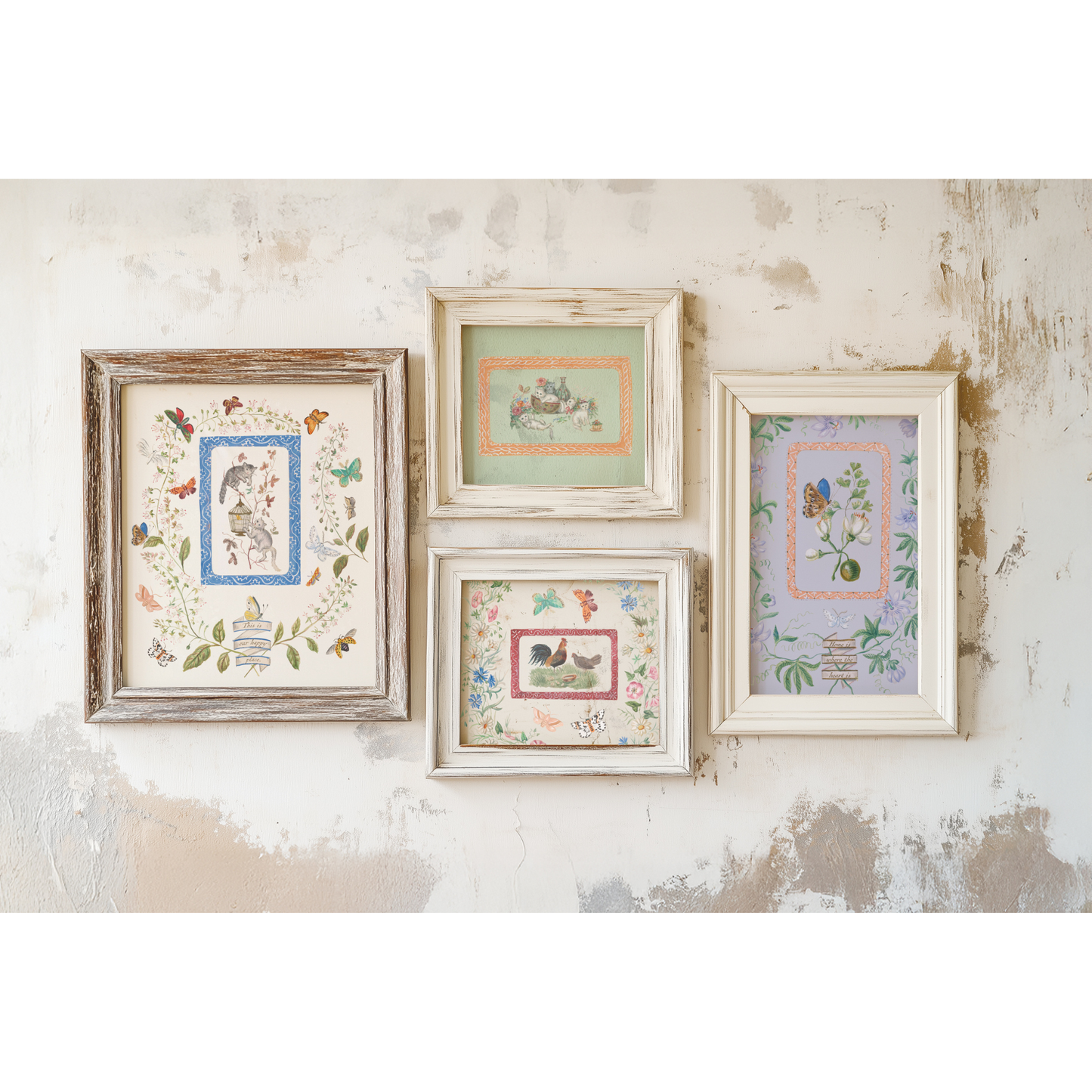 Four framed artworks on a textured wall