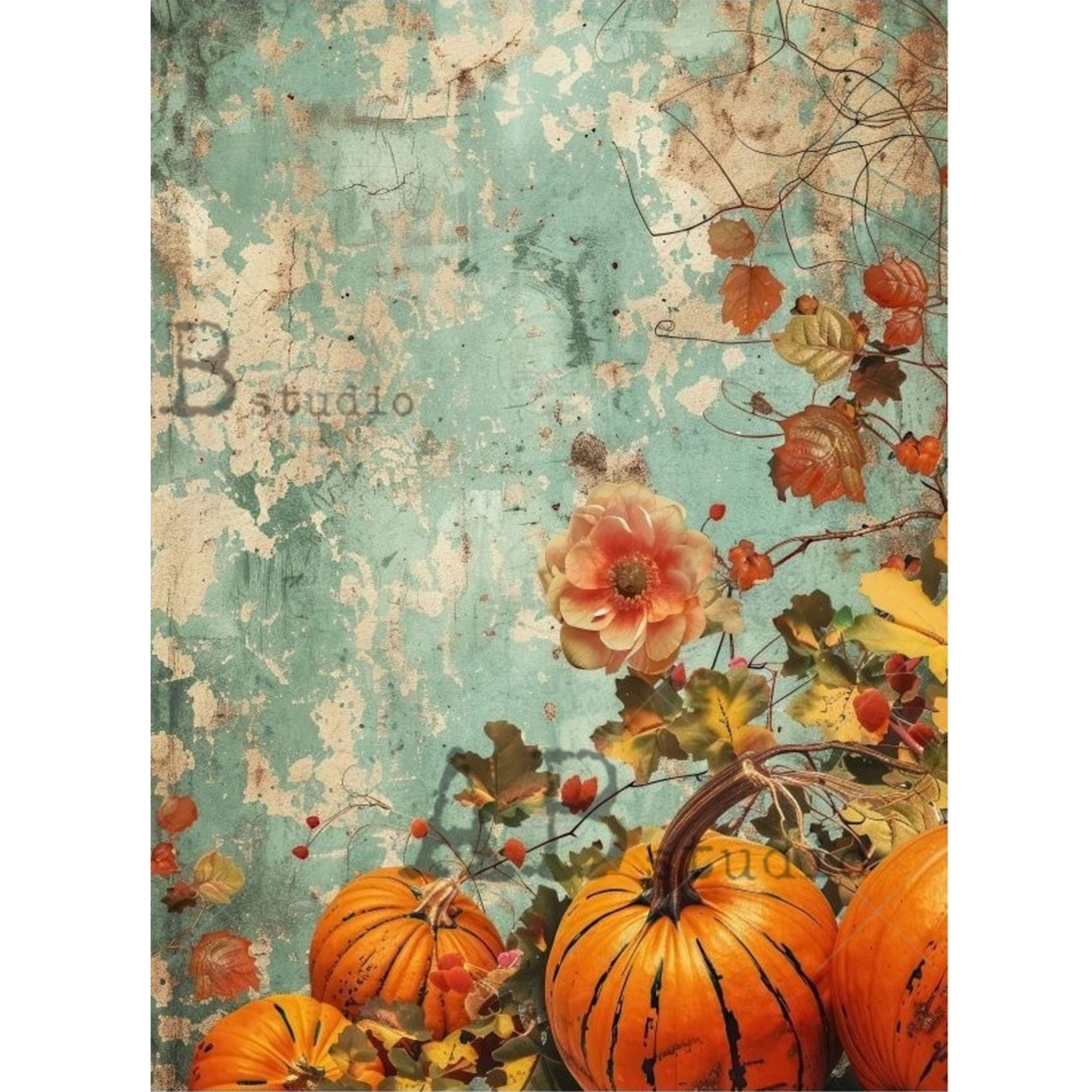 "Fall Pumpkins Aqua Grunge" decoupage rice paper by AB Studio. Available at Milton's Daughter.