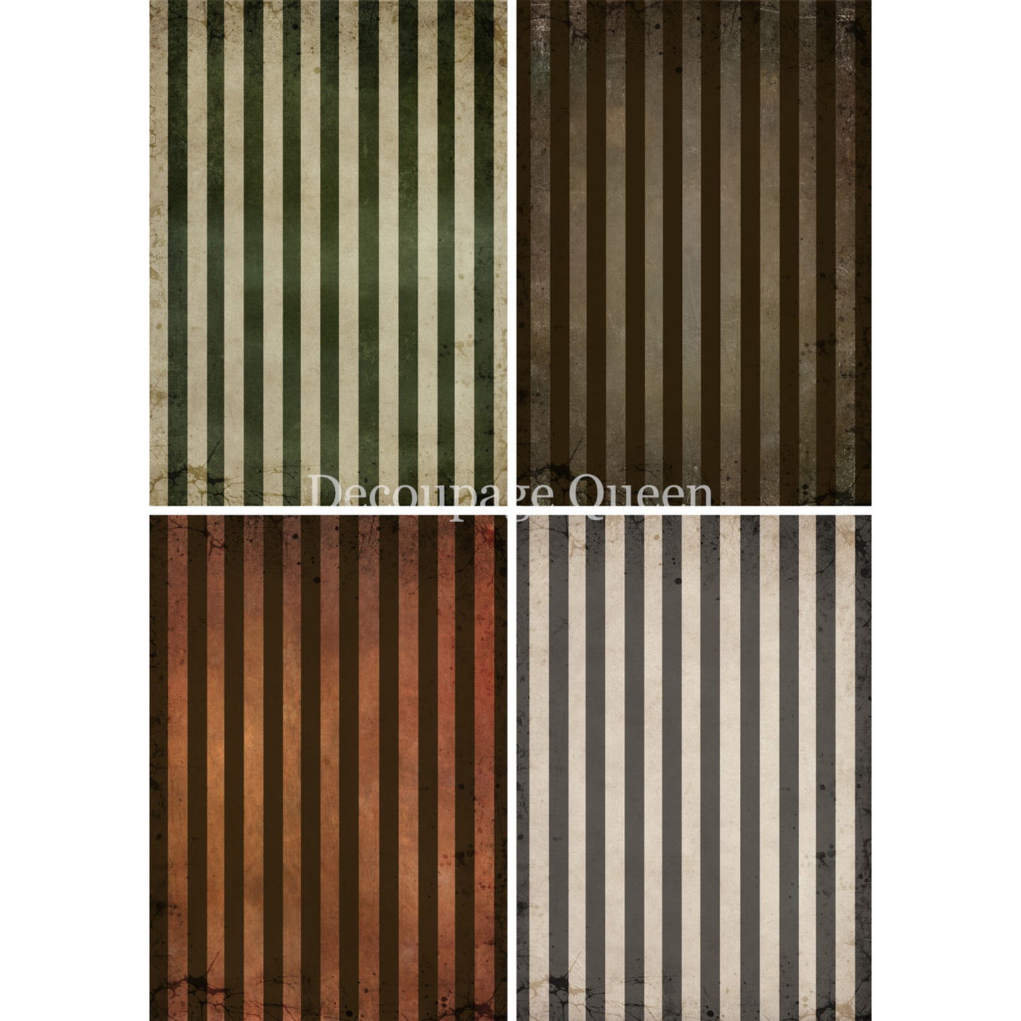 "Fall Stripes 4 Pack" decoupage rice paper by Decoupage Queen. Available at Milton's Daughter. Four striped pattern swatches with varying colors and textures, labeled 'Decoupage Queen'.