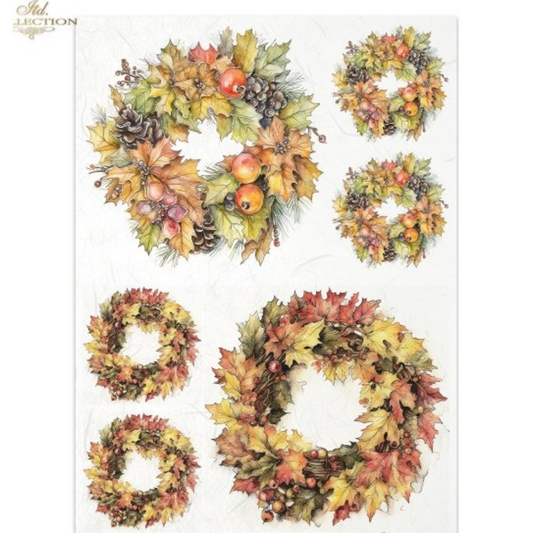 "Fall Wreaths" decoupage rice paper by ITD Collection. Available at Milton's Daughter. Set of autumn-themed wreaths with leaves and fruits on a white background.