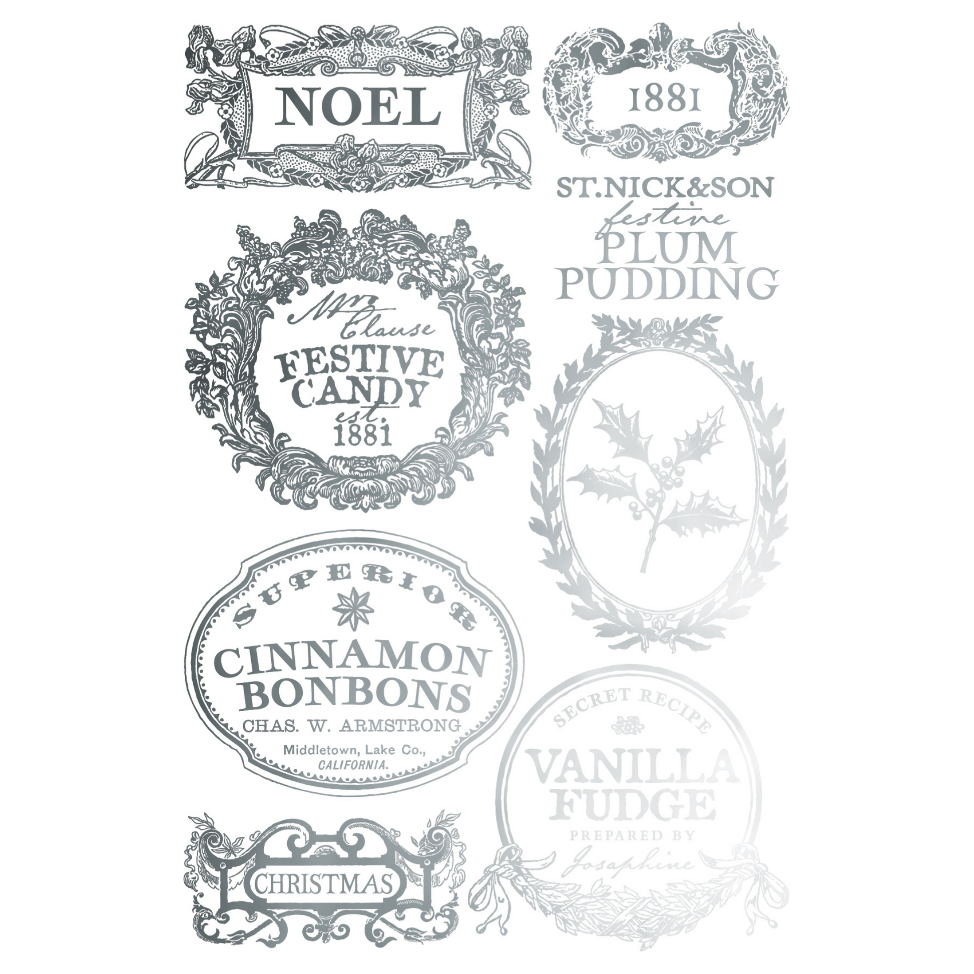 "Figgy & Flourish" IOD Gilded Foil Transfer by Iron Orchid Designs. Pg 2 of 8. Available at Milton's Daughter. Collection of vintage-style product labels in silver foil with decorative fonts and designs.