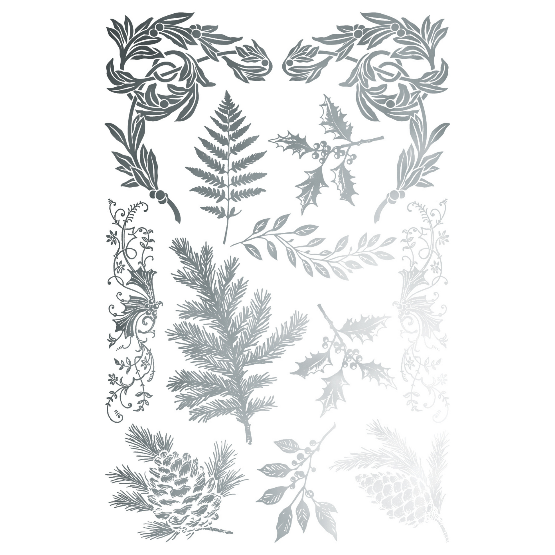 "Figgy & Flourish" IOD Gilded Foil Transfer by Iron Orchid Designs. Pg 4 of 8. Available at Milton's Daughter. Decorative arrangement of silver leaves, branches, and pinecones.
