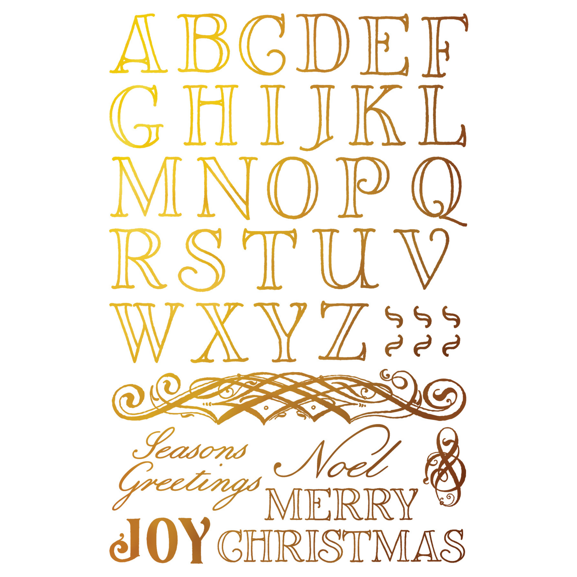 "Figgy & Flourish" IOD Gilded Foil Transfer by Iron Orchid Designs. Pg 7 of 8. Available at Milton's Daughter. Decorative Christmas alphabet and greeting text in gold foil.