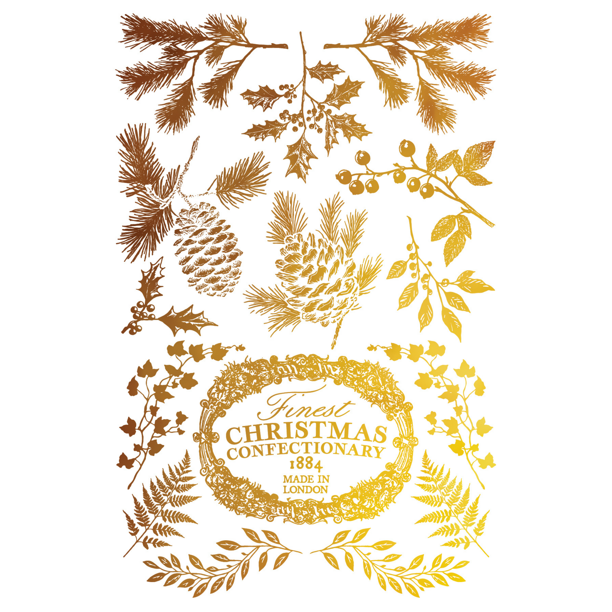"Figgy & Flourish" IOD Gilded Foil Transfer by Iron Orchid Designs. Pg 8 of 8. Available at Milton's Daughter. Decorative design with gold and brown leaves, pinecones, and a wreath, all in gold foil.