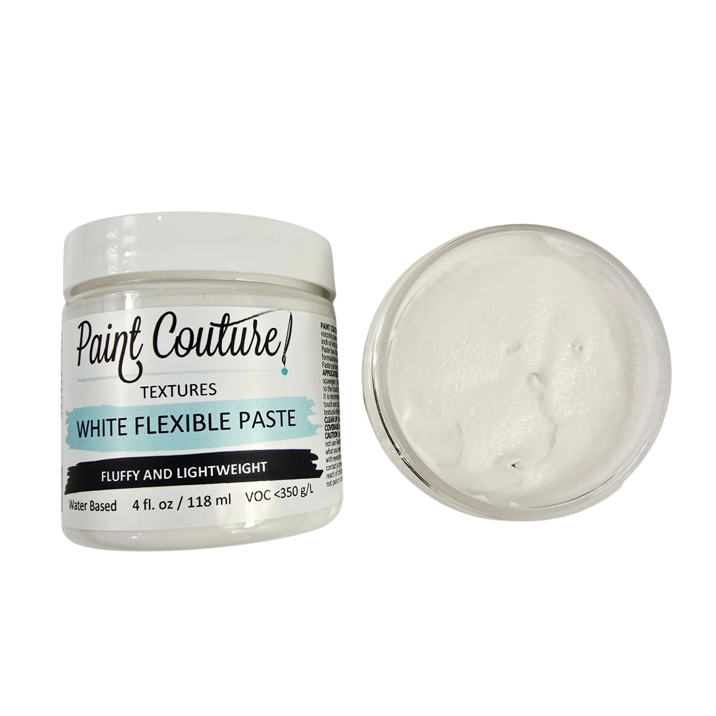 Jar of Paint Couture White Flexible Paste with a sample on a white background