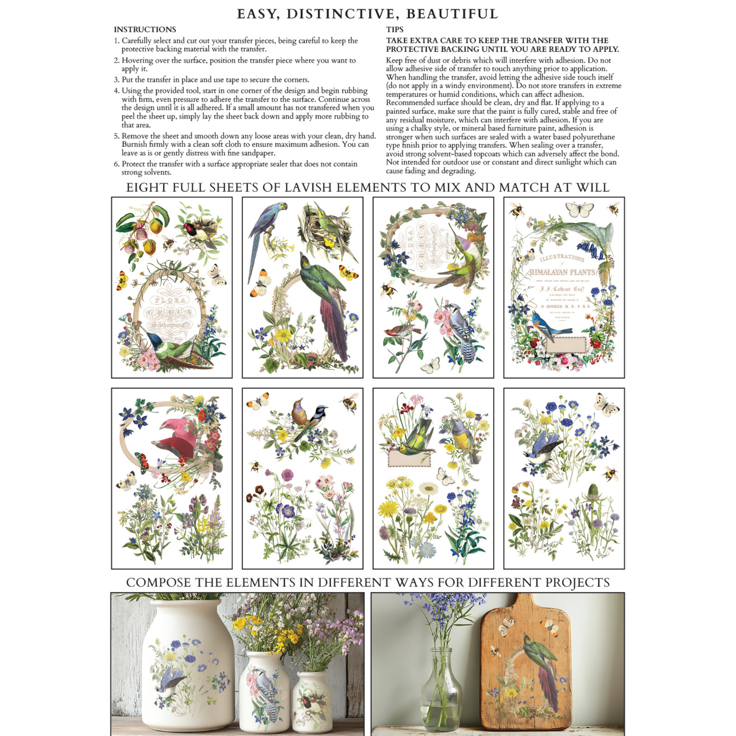 Back cover of IOD Transfer Flora Greca depicting decorative elements with birds, flowers, and other nature-themed designs, accompanied by instructions and examples.