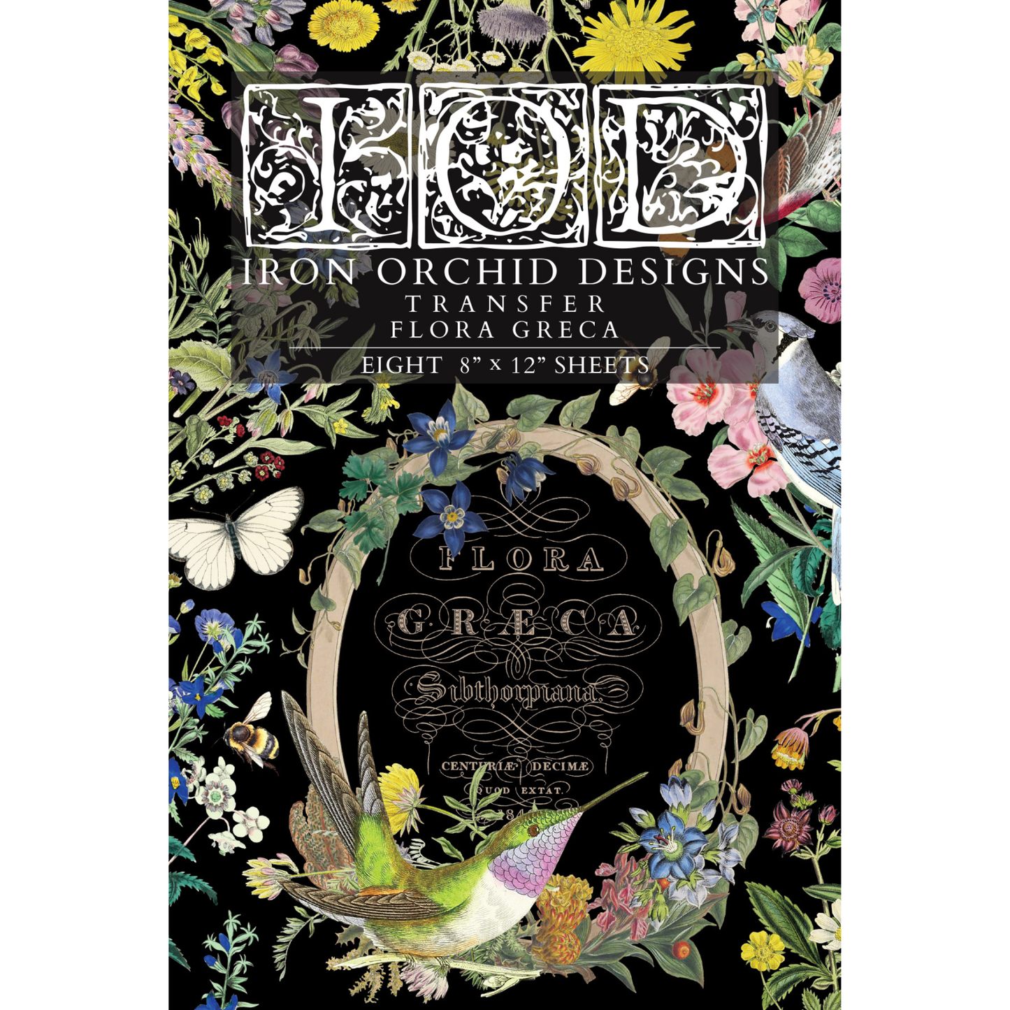 Front cover of Iron Orchid Designs transfer Flora Greca with floral and nature-themed design.